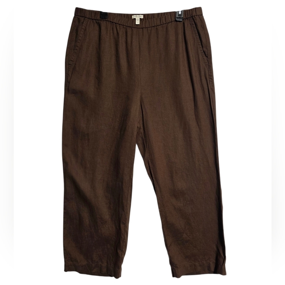 EUC EILEEN FISHER ORGANIC LINEN BROWN ELASTIC WAIST PANTS SZ L - Picture 2 of 6